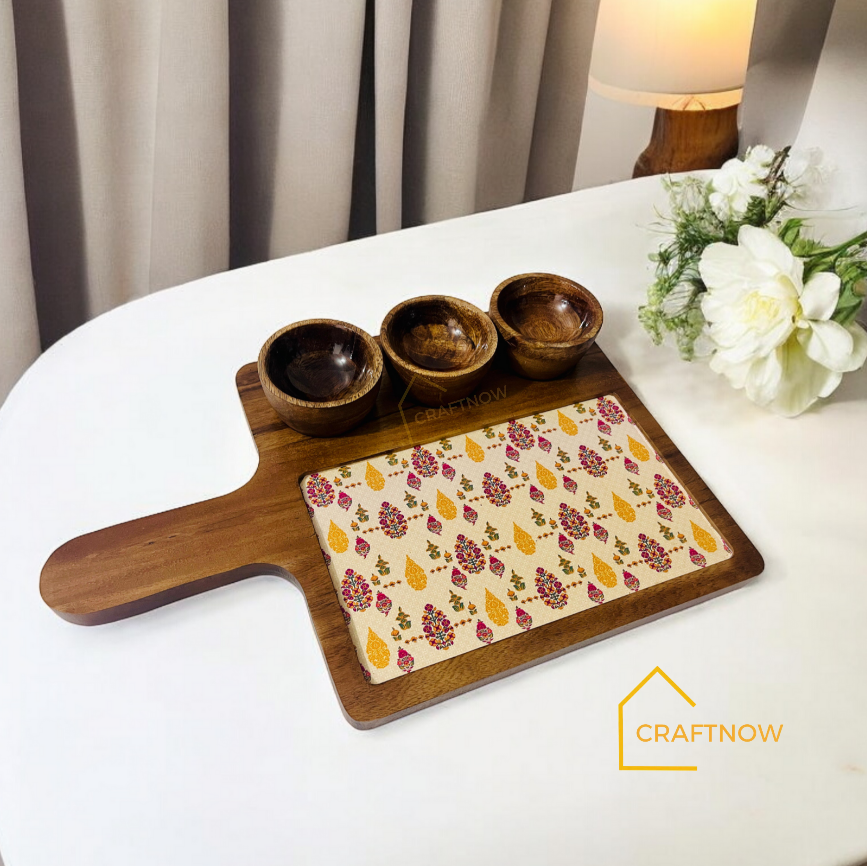 Wooden Serving Platter with 3 Bowls