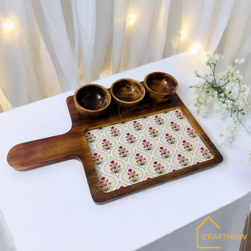 Wooden Serving Platter with 3 Bowls