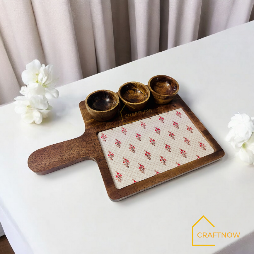 Wooden Serving Platter with 3 Bowls
