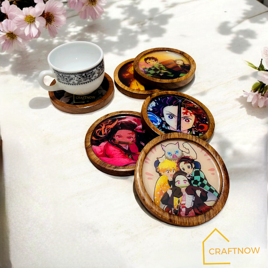 Premium Wooden Coasters Set of 6 with Holder