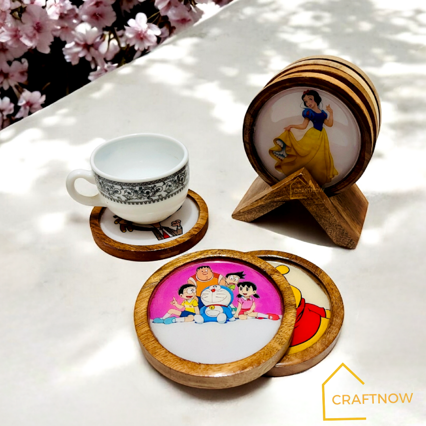 Premium Wooden Coasters Set of 4 with Holder