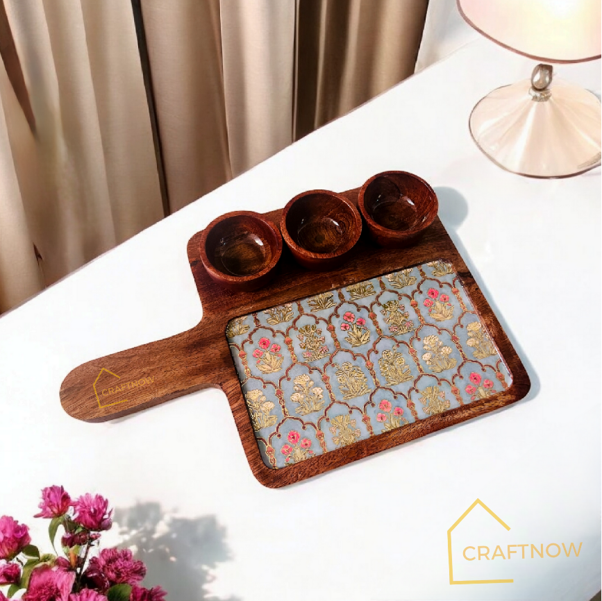 Wooden Serving Platter with 3 Bowls