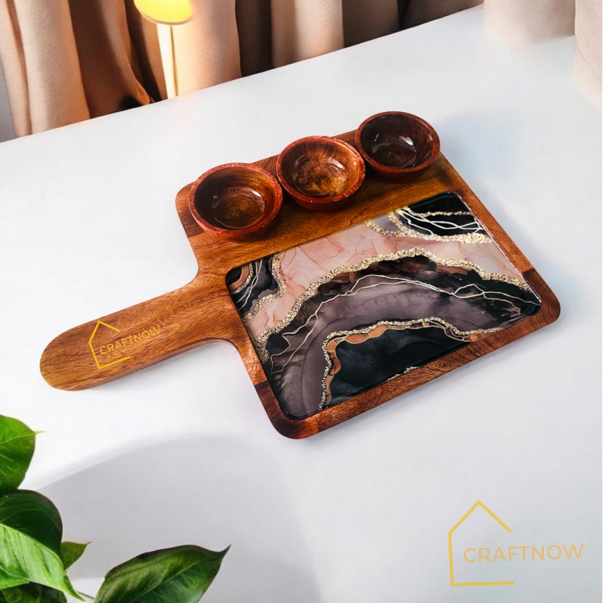 Wooden Serving Platter with 3 Bowls