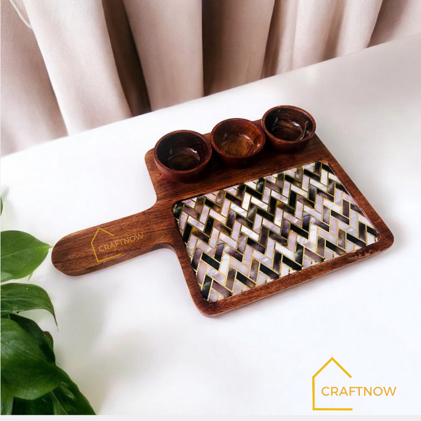 Wooden Serving Platter with 3 Bowls