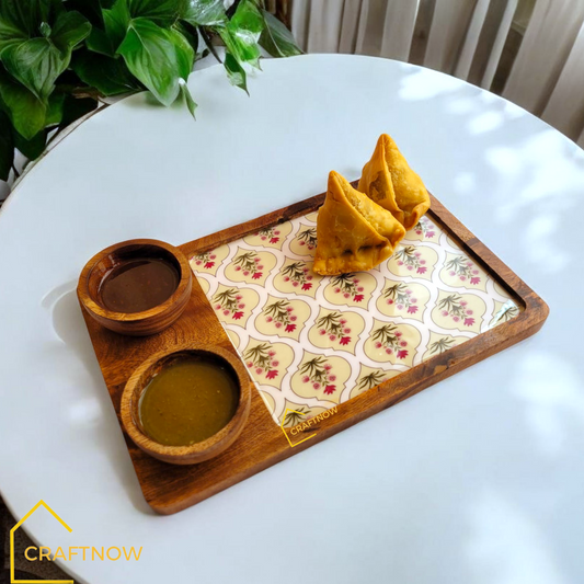 Wooden Serving Platter with 2 Bowls
