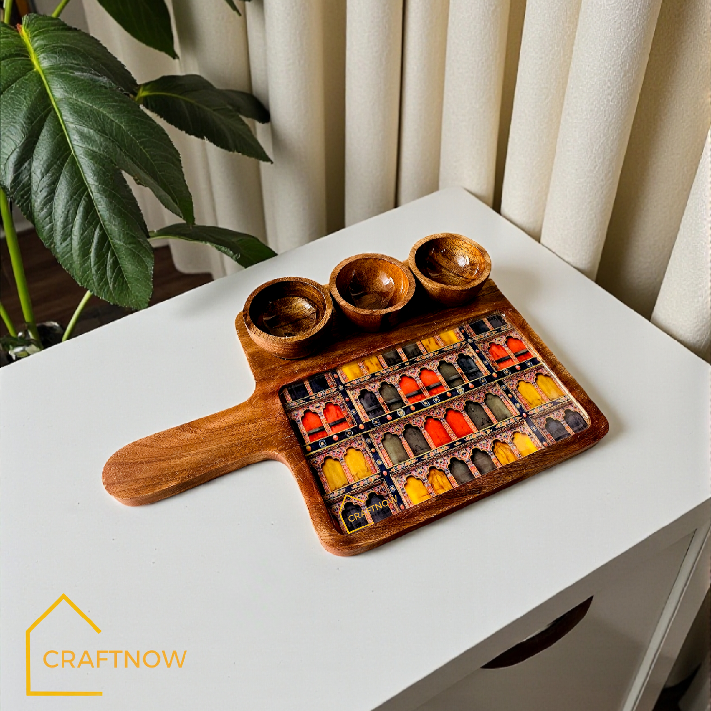 Wooden Serving Platter with 3 Bowls
