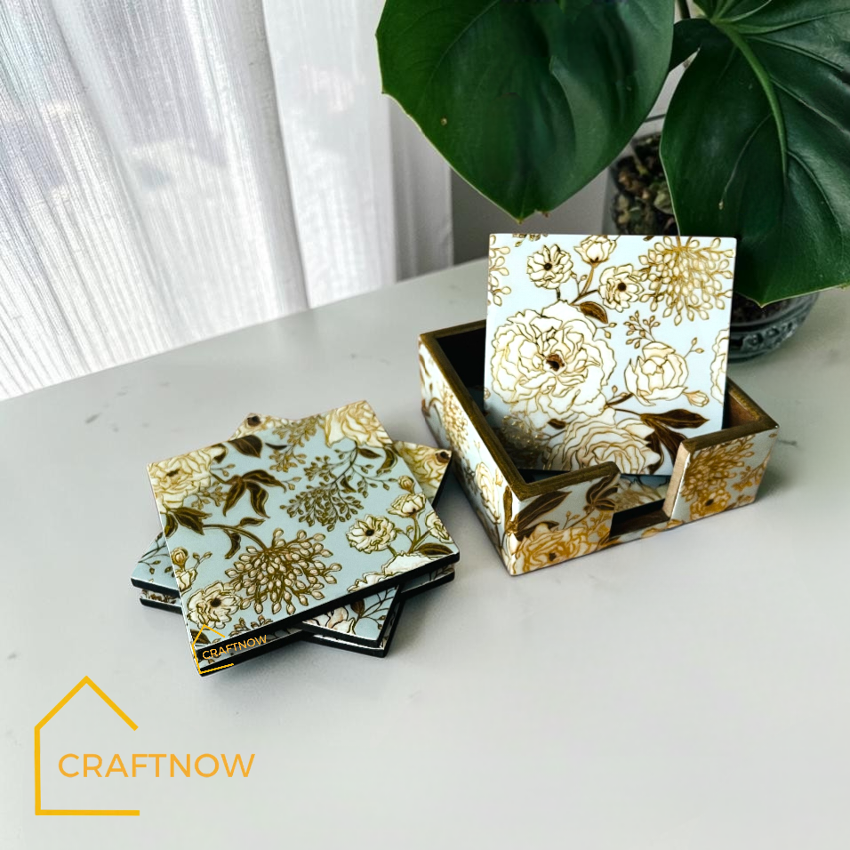 Wooden Coasters Set of 6 with Holder