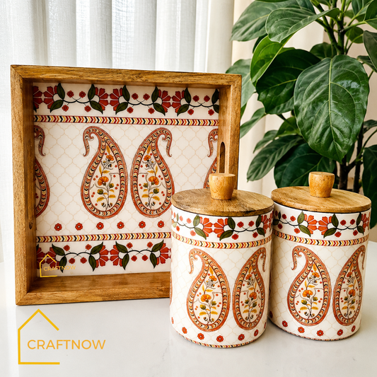 Premium Wooden Air Tight Jar Set of 2 with Wooden Tray