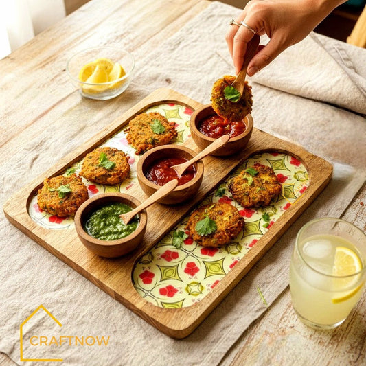 Wooden Serving 2 Sided Platter with 3 Dip Bowls