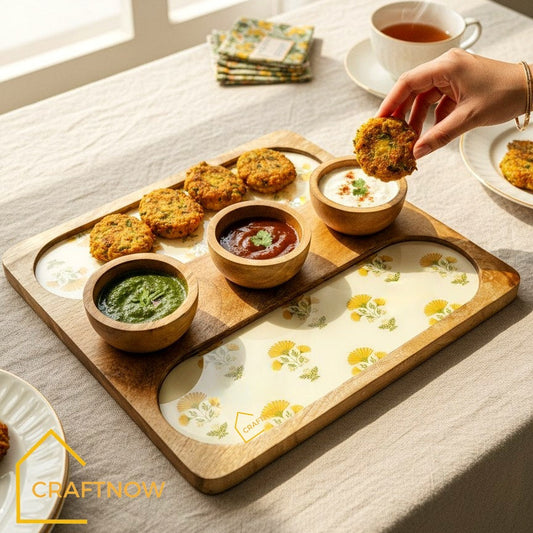 Wooden Serving 2 Sided Platter with 3 Dip Bowls
