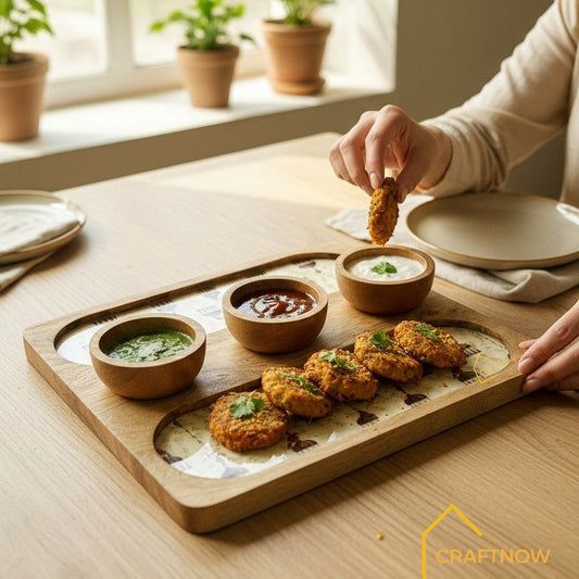 Wooden Serving 2 Sided Platter with 3 Dip Bowls