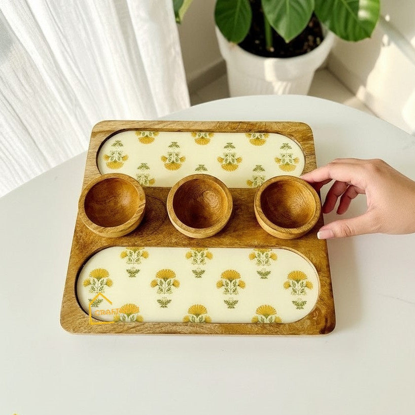 Wooden Serving 2 Sided Platter with 3 Dip Bowls