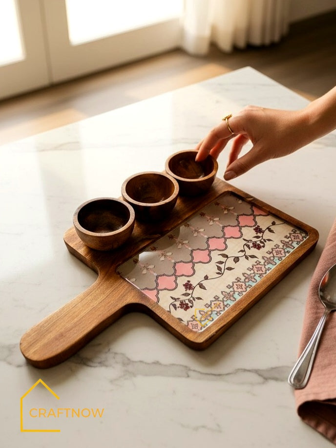 Wooden Serving Platter with 3 Bowls