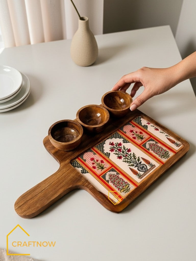 Wooden Serving Platter with 3 Bowls