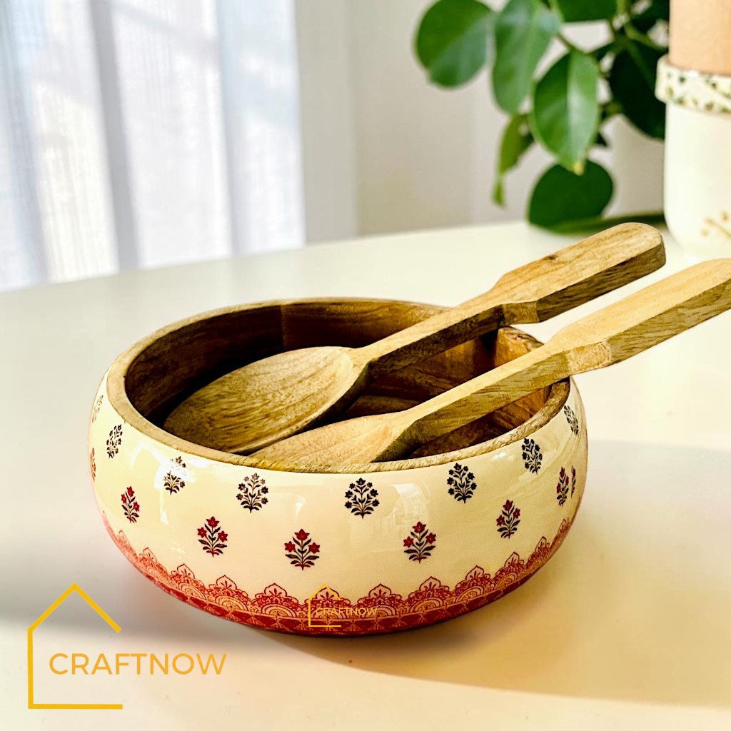 Wooden Serving Bowl with Server Set