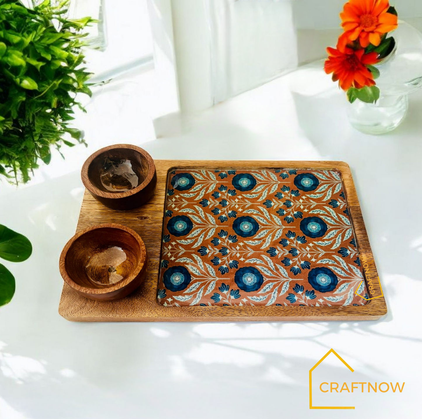 Wooden Serving Platter with 2 Bowls