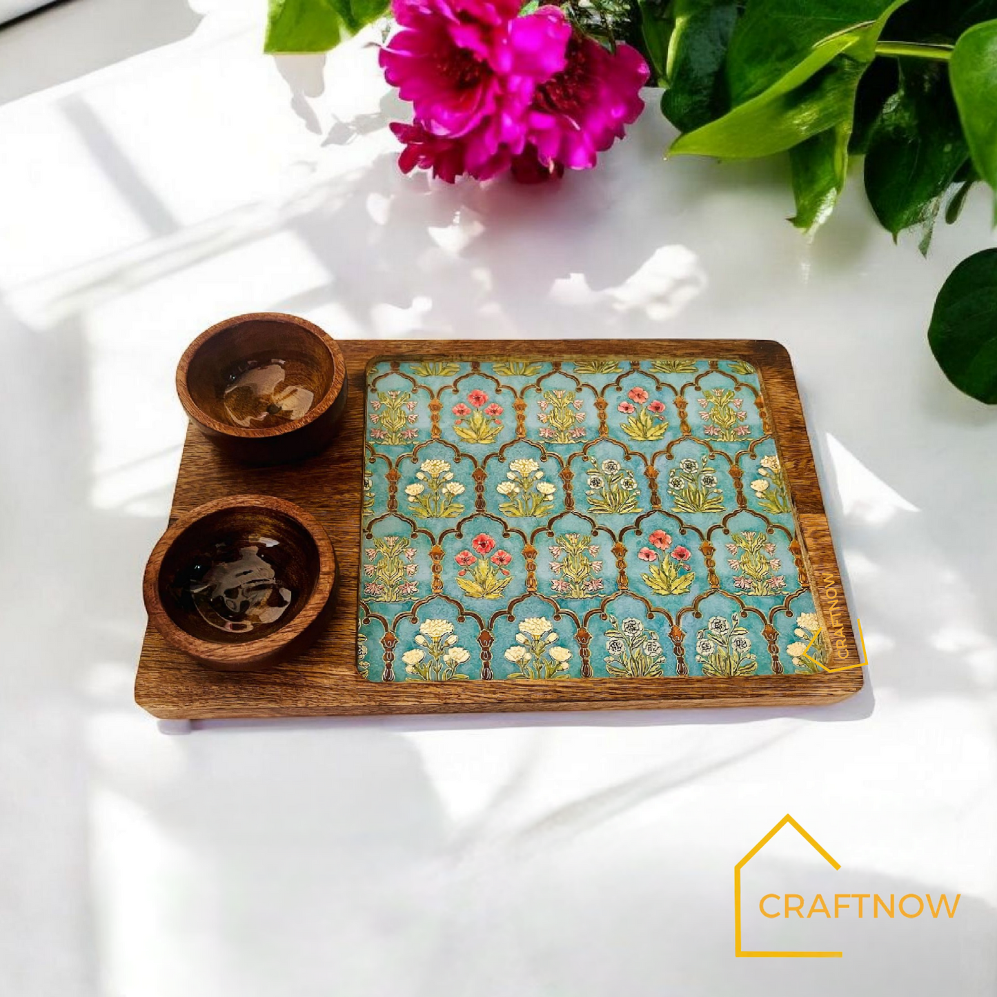 Wooden Serving Platter with 2 Bowls