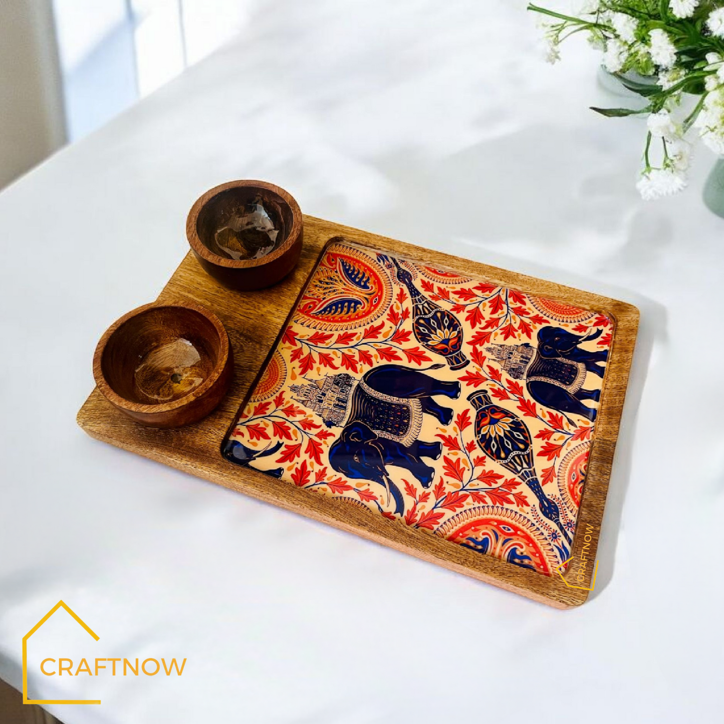 Wooden Serving Platter with 2 Bowls