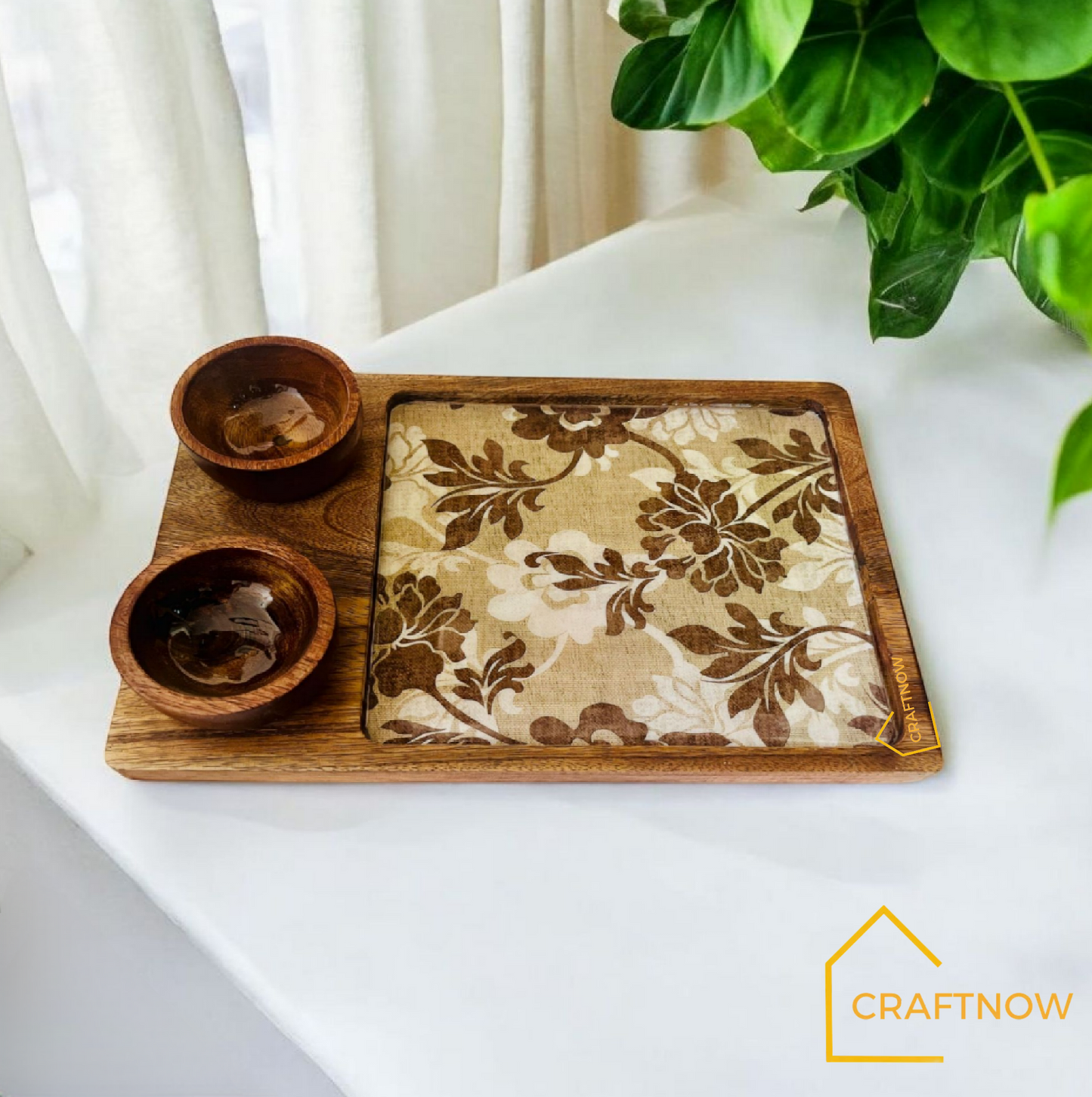 Wooden Serving Platter with 2 Bowls
