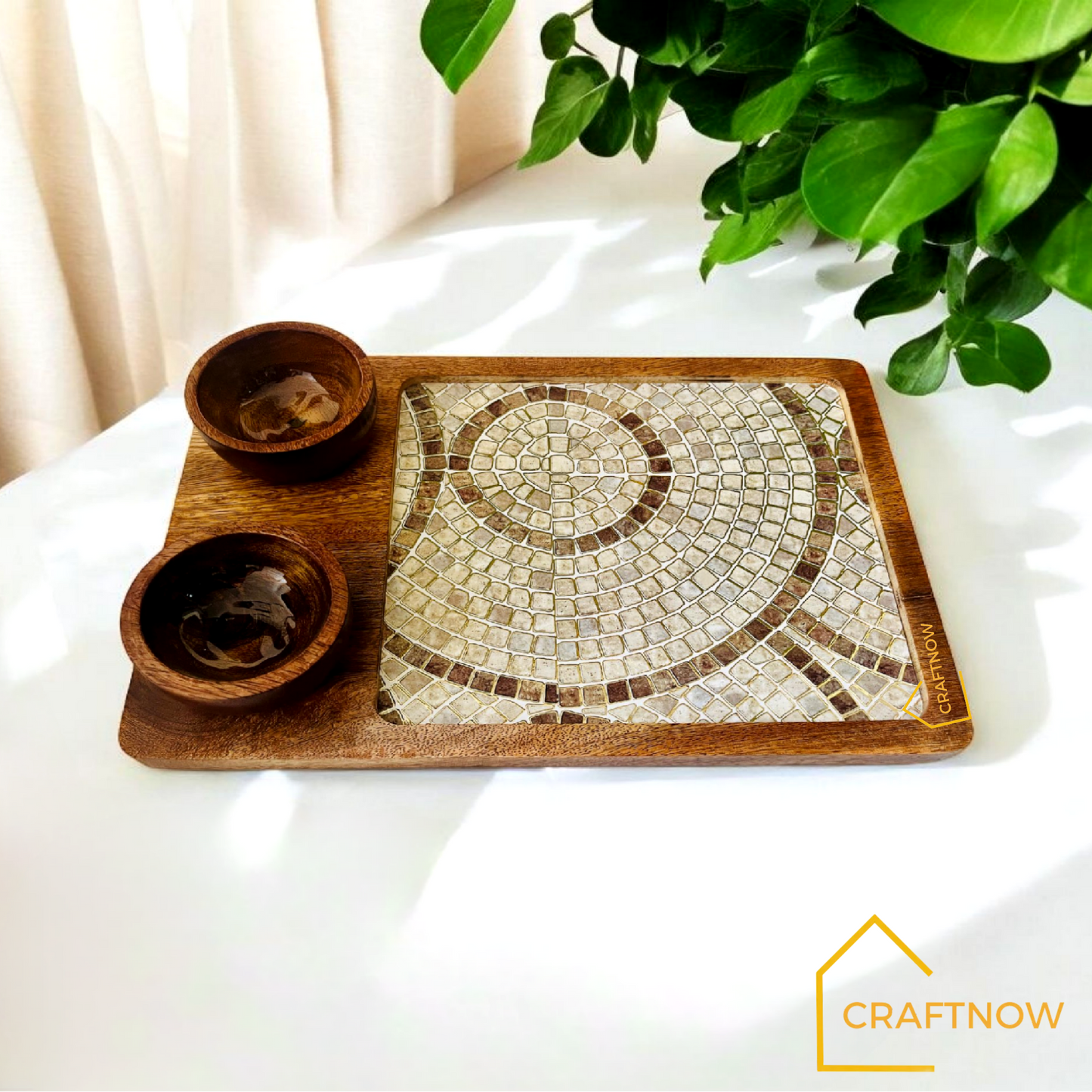 Wooden Serving Platter with 2 Bowls