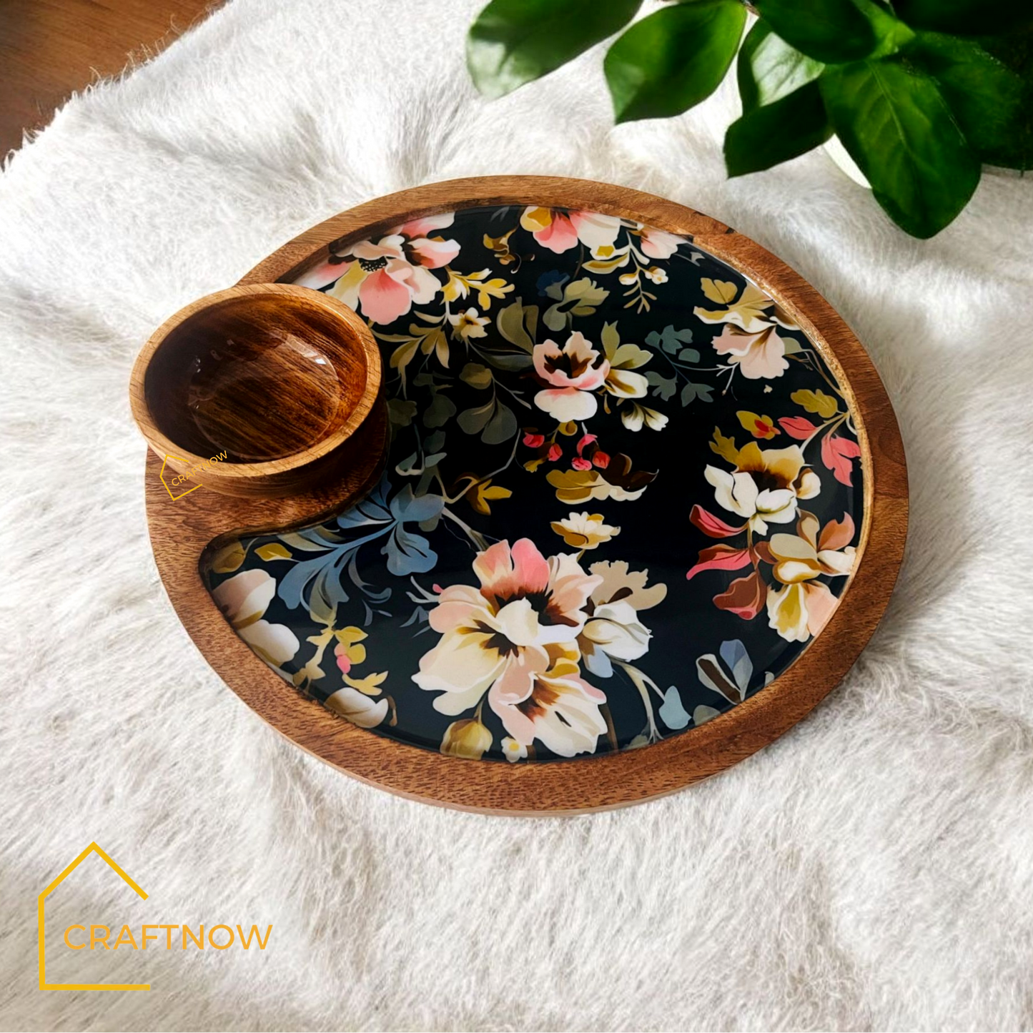 Wooden Serving Platter with a Bowl