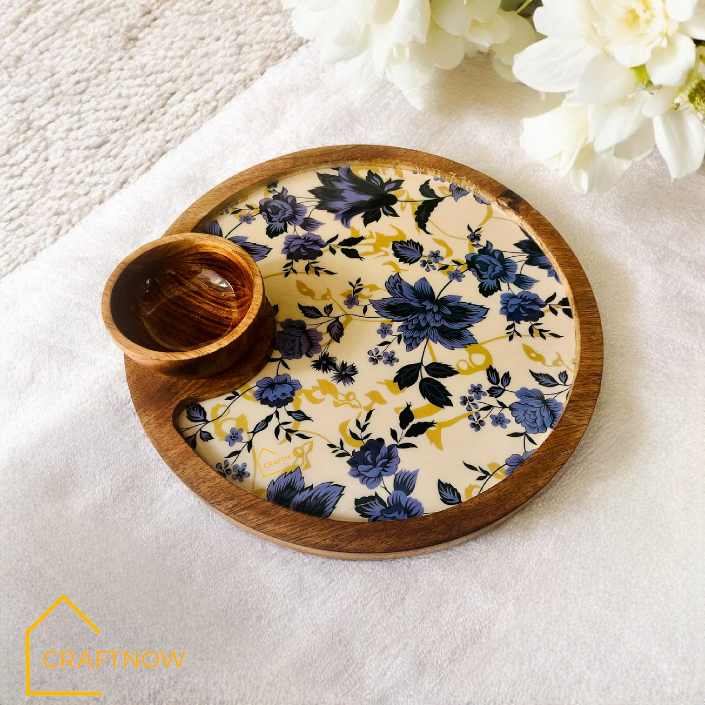 Wooden Serving Platter with a Bowl