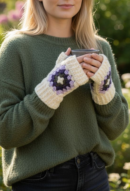 Set of Cozy Granny Square Gloves and Mufflar