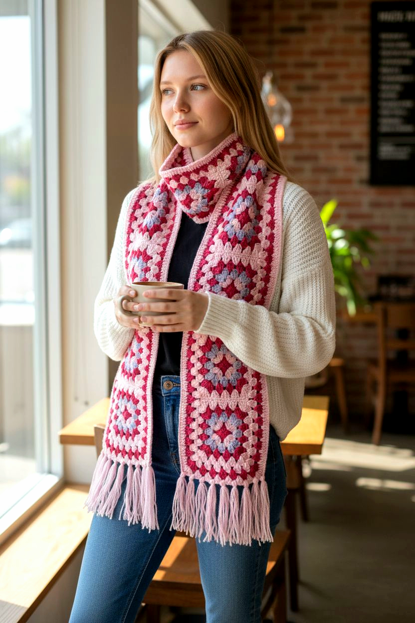 Set of Cozy Granny Square Gloves and Mufflar