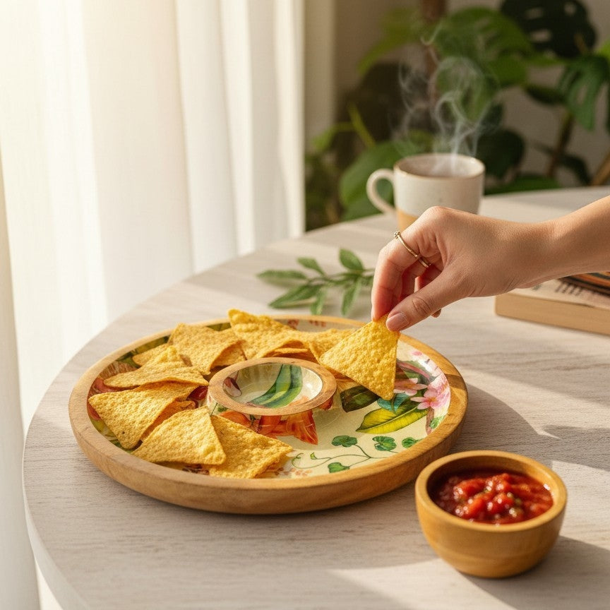 Wooden Serving Chip & Dip Platter with a Bowl