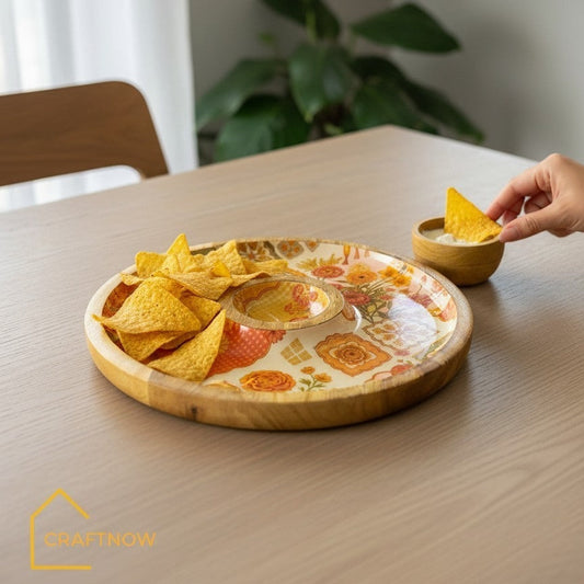 Wooden Serving Chip & Dip Platter with a Bowl