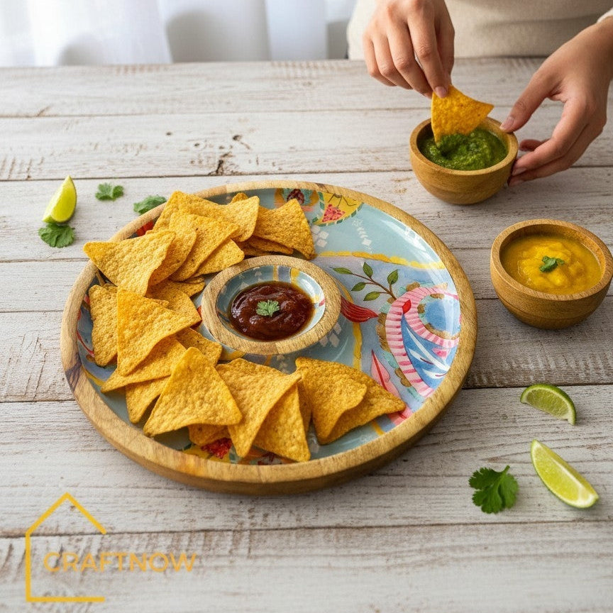 Wooden Serving Chip & Dip Platter with a Bowl