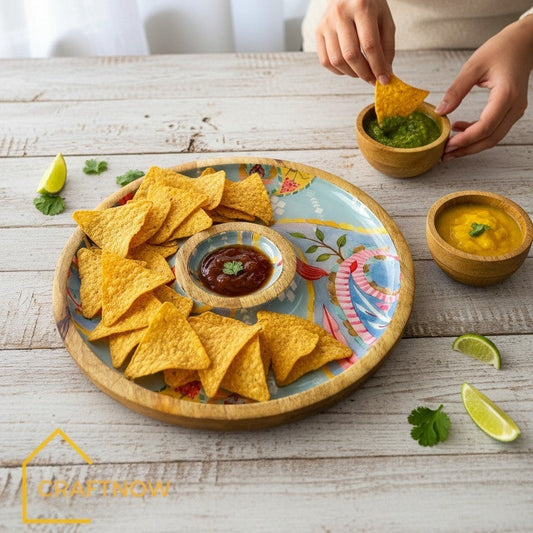 Wooden Serving Chip & Dip Platter with a Bowl