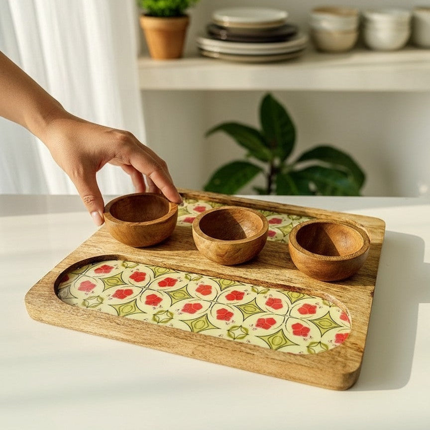 Wooden Serving 2 Sided Platter with 3 Dip Bowls