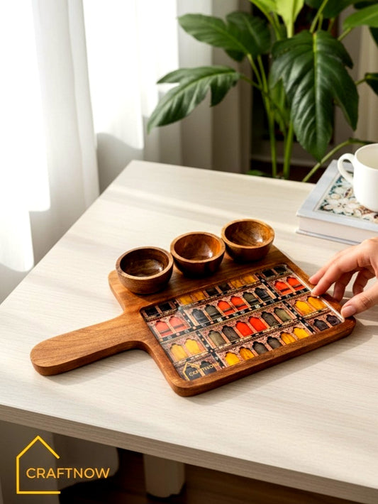 Wooden Serving Platter with 3 Bowls