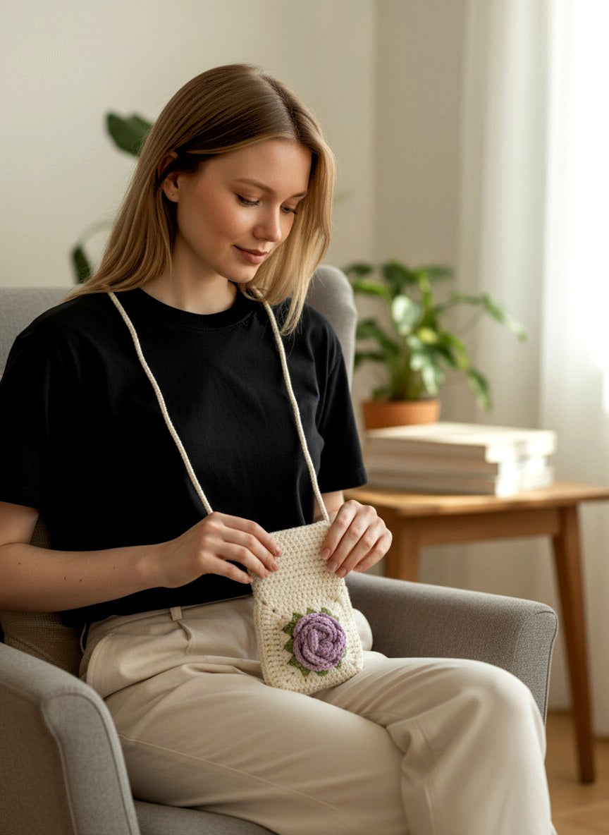 Pinteresty Crochet Rose Mobile Sling Bag