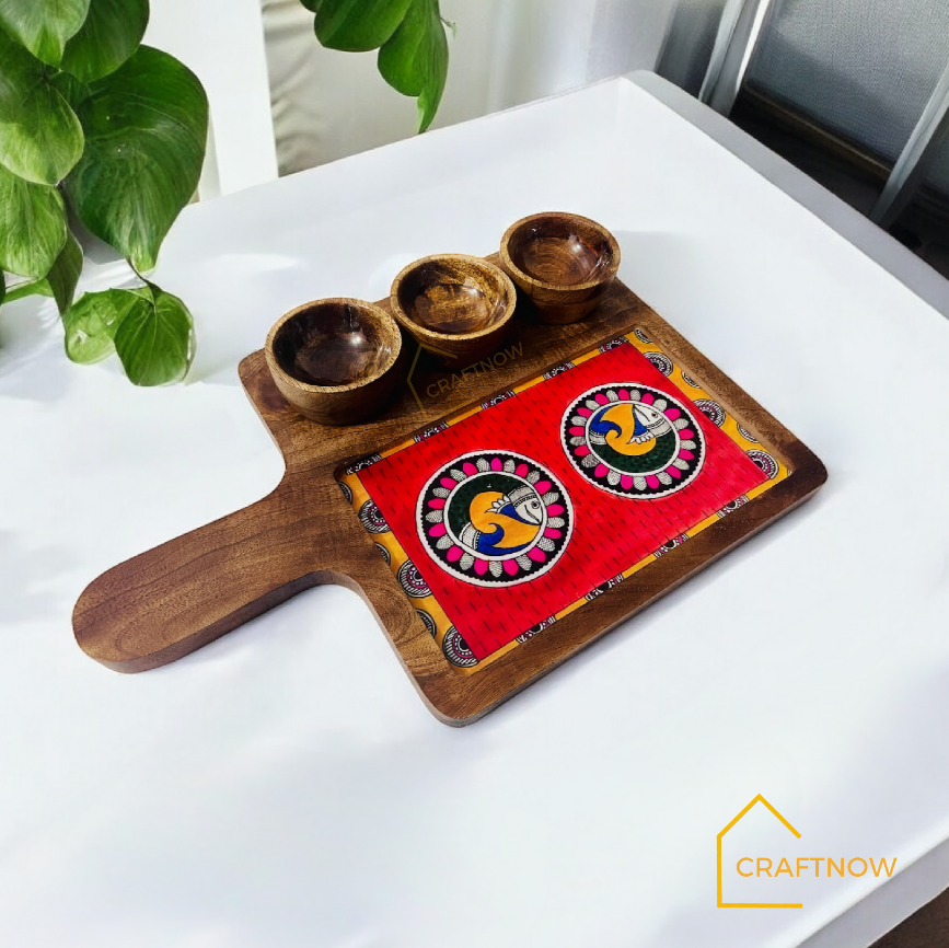 Wooden Serving Platter with 3 Bowls