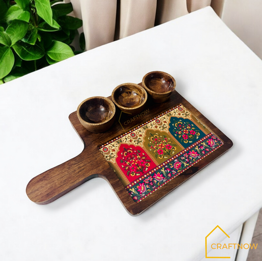 Wooden Serving Platter with 3 Bowls