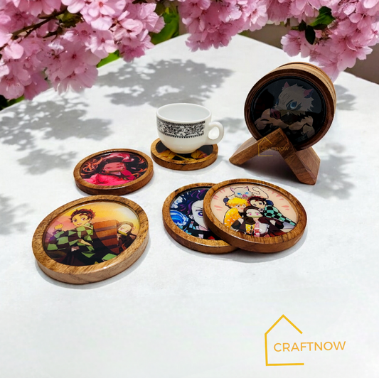 Premium Wooden Coasters Set of 6 with Holder