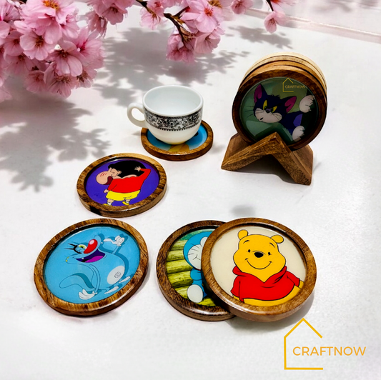 Premium Wooden Coasters Set of 6 with Holder