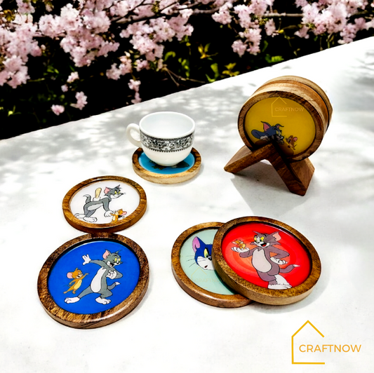 Premium Wooden Coasters Set of 6 with Holder
