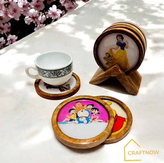 Premium Wooden Coasters Set of 4 with Holder
