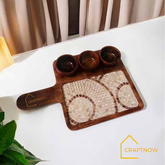 Wooden Serving Platter with 3 Bowls