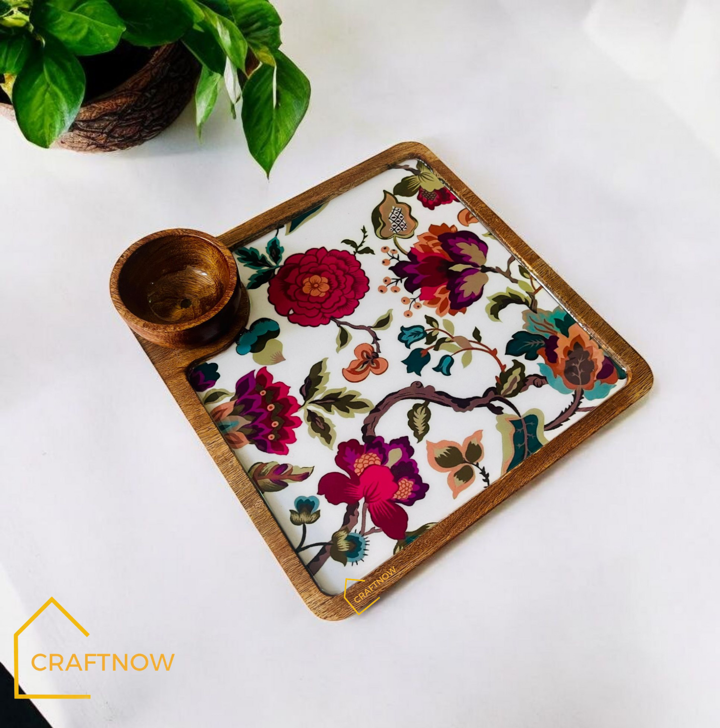 Wooden Serving Platter with a Bowl