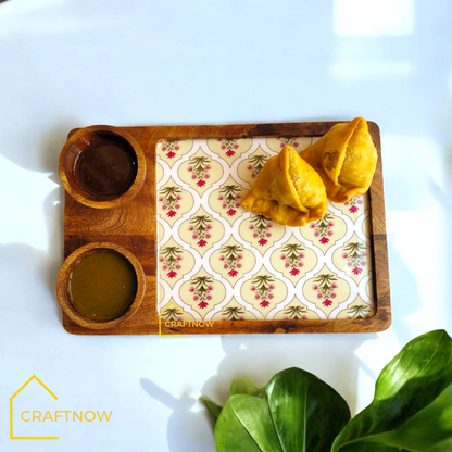 Wooden Serving Platter with 2 Bowls
