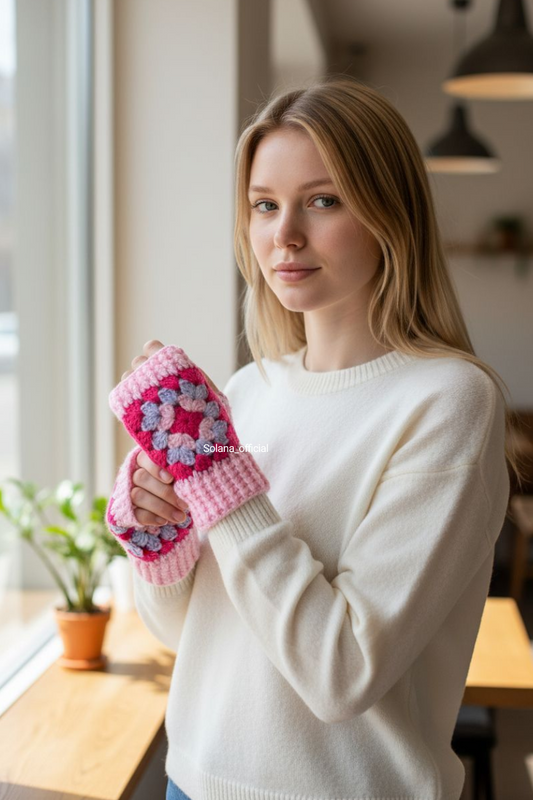 Set of Cozy Granny Square Gloves and Mufflar