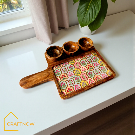 Wooden Serving Platter with 3 Bowls