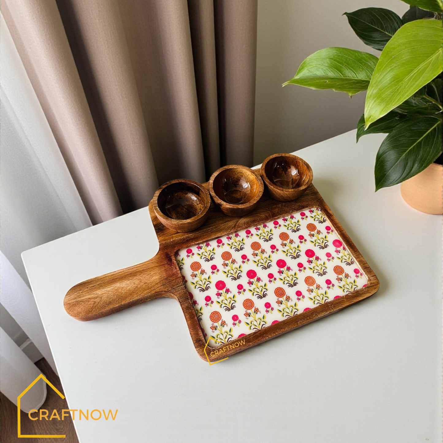 Wooden Serving Platter with 3 Bowls
