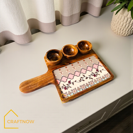 Wooden Serving Platter with 3 Bowls