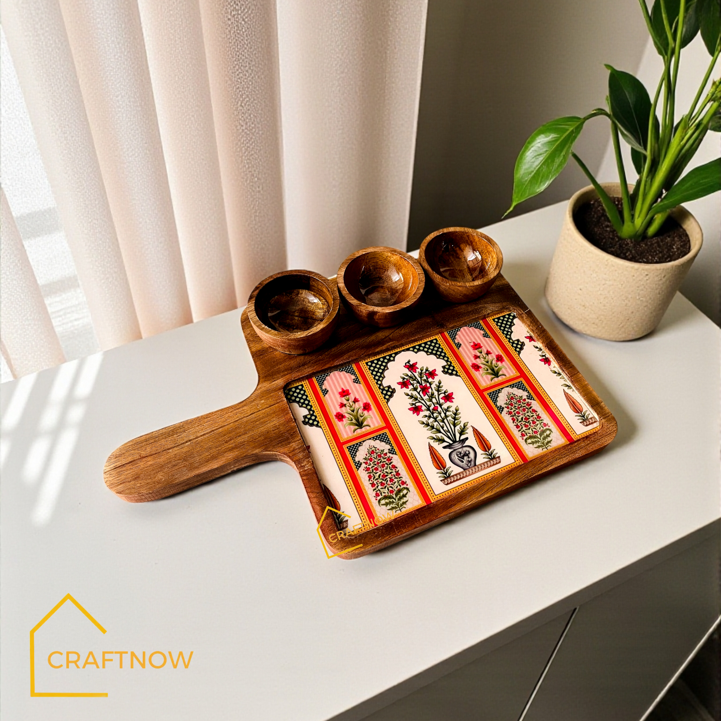 Wooden Serving Platter with 3 Bowls
