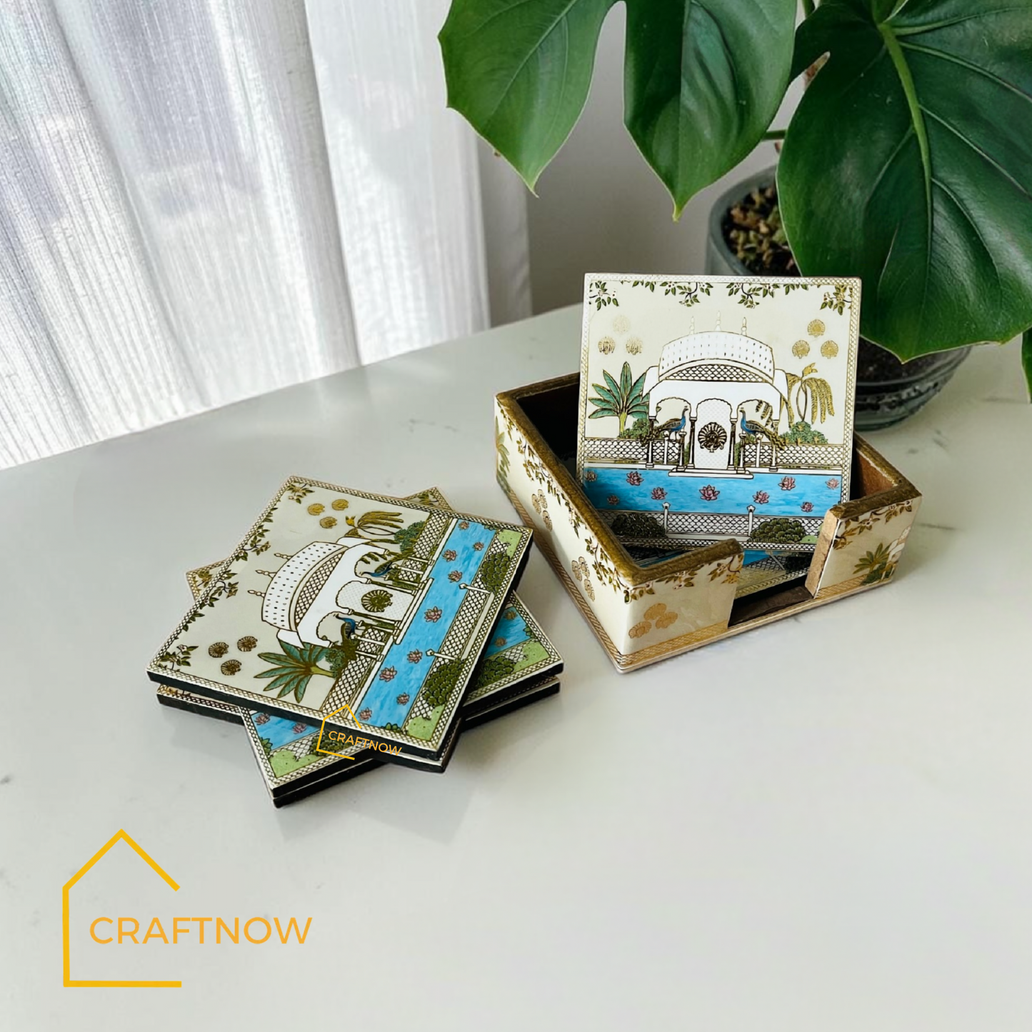 Wooden Coasters Set of 6 with Holder